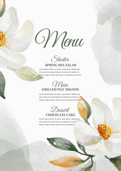 Flower Menu Design, Aesthetic Menu Template, Wedding Invitation Posters, Wedding Menus Design, Girls Dinner, Menue Design, Wedding Invitation Background, Menu Designs, Invitation Background