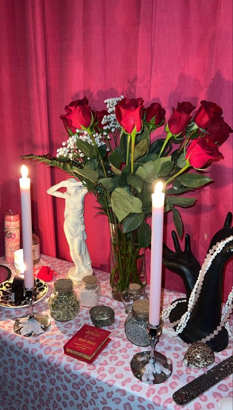 The Love Witch Decor, Lovewitch Aesthetic, Aphrodite Aesthetic Dark, Aphrodite Altar Ideas, Aphrodite Witchcraft, Cherry Maraschino, Witchcraft Beauty, Love Alter, Aphrodite Alter