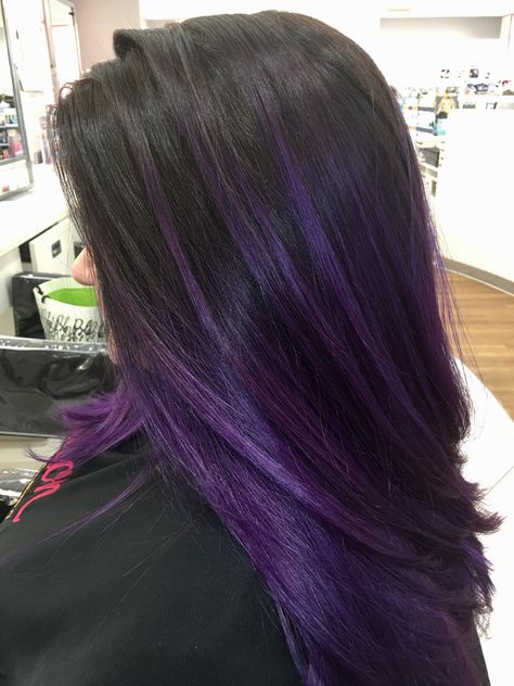 Hair Color Perpul, Purple In Dark Hair, Purple Bolyoge Hair, Purple Dye On Black Hair, Purple Balyage Long Hair, Purple Balayage Straight Hair, Hair Color Ideas Purple Highlights, Purple Ombre Hair Color For Brunettes, Purple Hair Ideas For Brunettes