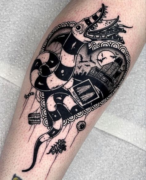 Beetlejuice Tattoo Design, Angelo Parente Tattoos, Sand Worm Tattoo, Beetlegeuse Tattoo, Beetle Juice Tattoo Ideas, Bettle Juice Tattoos, Beetle Juice Tattoos, Beetlejuice Snake Tattoo, Lydia Deetz Tattoo