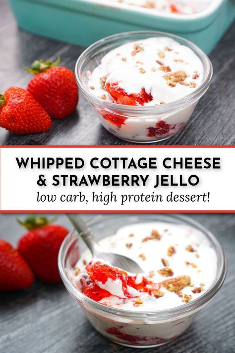 glass cup with keto whipped cottage cheese and strawberry jello plus text Sugar Free Low Carb Keto Lemon Cottage Cheese Fluff, Whipped Cottage Cheese Jello, Keto Jello Cottage Cheese Dessert, Strawberry And Cottage Cheese, Cottage Cheese Fluff Salad Cool Whip, Sausage And Cottage Cheese, Low Carb Frozen Desserts, Cottage Cheese And Jello Recipes, Cottage Cheese And Pickles