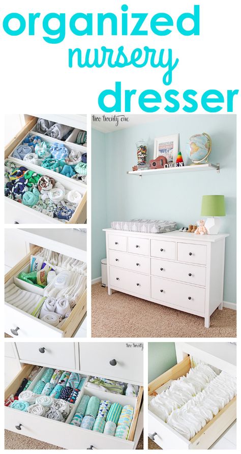 Dresser organization tips and tricks! GREAT tips and tricks for an organized dresser, especially a nursery dresser! A popular pin for baby and new parents! http://twotwentyone.net/nursery-dresser-organization/ Nursery Dresser Organization, Nursery Dresser, Dresser Organization, Interiors Inspiration, Nursery Organization, غرفة ملابس, Hemnes, Baby Organization, Baby Bedroom