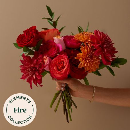 Flower Arrangements: Floral Arrangement Delivery - The Bouqs Co. Red And Orange Wedding Theme, Roses And Dahlias, Orange And Pink Wedding, Orange Bouquets, Red Rose Bouquet, Fall Wedding Flowers, Sunset Wedding, Orange Wedding, Mexican Wedding