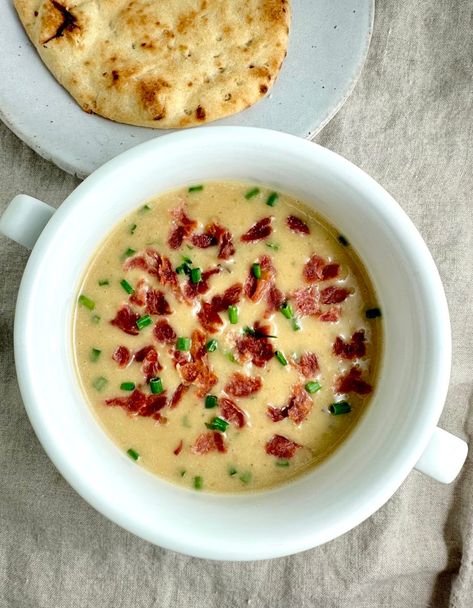 Creamy Potato, Leek, & White Bean Soup Bean And Bacon Soup, Potato Leek, Potato Leek Soup, Leek Soup, White Potatoes, White Bean Soup, Creamy Potato, Cheese Soup, Fresh Chives