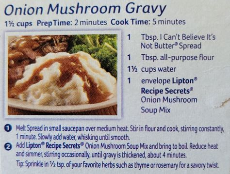 Lipton Onion Gravy Recipe, Lipton Recipe Secrets, Lipton Onion Soup Mix Gravy Recipe, Lipton Onion Mushroom Soup Mix Recipes, Onion Soup Mix Gravy Recipe, Lipton Onion Soup Gravy Recipe, Onion Soup Mix Gravy, Lipton Recipes, Onion Dip Mix