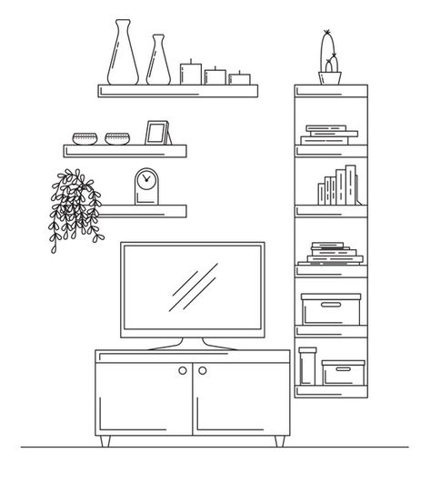 Interior Design Drawings Sketches, How To Draw Interior Design Sketches, Line Drawing Interior, Furniture Drawing Sketch Interior Design, Tv And Shelves, Bookcase Drawing, Room Art Drawing, Tv Drawing, Room Perspective Drawing