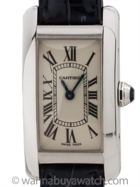 Cartier Tank American 18K WG Lady’s ref 2489 circa 2000 Sapphire Crown, Cartier Tank, Modern Watches, Metal Tags, Blue Steel, Swiss Made, Bracelet Sizes, Jaeger Watch, Cartier