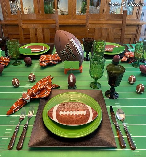 A Football Tablescape for Fall, table setting, college football, NFL, NCAA, Super Bowl, professional football, tailgate table, sports, school, more information about everything on this table and where it all came from in my blog post about it all here: https://www.whispersoftheheart.com/blog/2022/7/28/a-football-tablescape-for-fall Football Theme Table Decor, Football Table Scape, Football Themed Table Decorations, Football Table Decor, Kc Chiefs Party, Football Tablescape, Football Table Decorations, Fall Football Decor, Football Plates