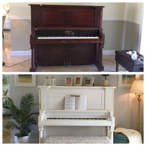 Before and After piano. Used Valspar chalk paint, "kids gloves" color. Valspar Chalk Paint, Painted Pianos, Upright Piano, Furniture Redo, Chalk Paint Furniture, Paint Furniture, Redo Furniture, Decor Tips, Repurposed Furniture