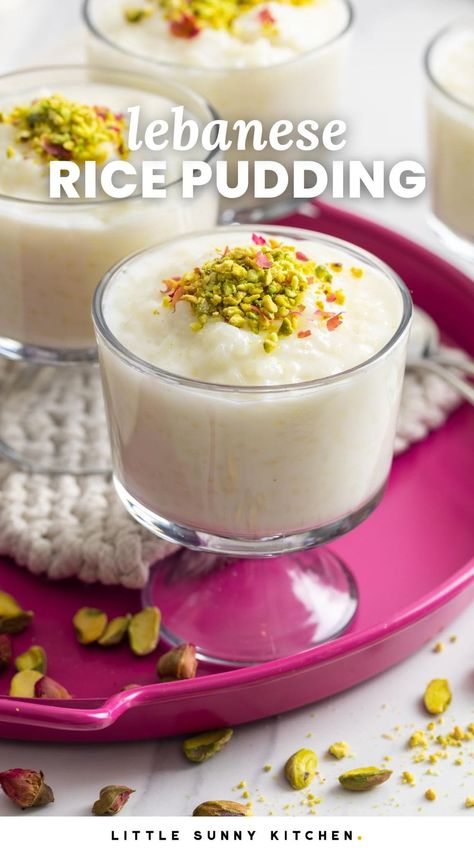 This Authentic Lebanese Rice Pudding recipe is creamy, rich, and aromatic. It's flavored with rose water, and topped with crushed pistachios. Rose Water Rice Pudding, Pistachio Rice Pudding, Rose Water Recipes, Lebanese Rice Pudding, Rose Water Recipe Food, Authentic Lebanese Recipes, Arabic Rice Recipes, Lebanese Recipes Authentic, Rice Dessert Recipes