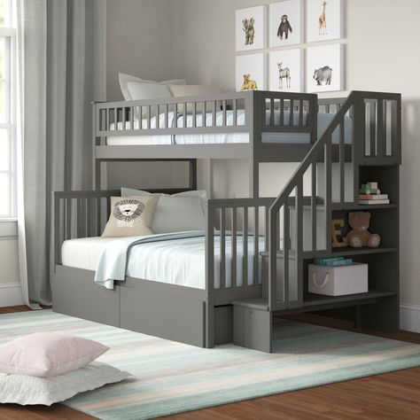 Three Posts™ Baby & Kids Shyann Twin Over Full Solid Wood Standard Bunk Bed with Shelves by Three Posts™ Baby & Kids & Reviews | Wayfair Staircase Bunk Bed, Twin Over Full Bunk Bed, Under Bed Drawers, Wood Staircase, Bunk Bed With Trundle, Bed Shelves, Full Bunk Beds, Top Beds, Dekorasi Kamar Tidur