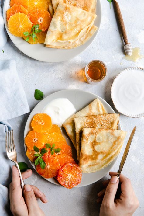 overhead shot of a plate with crepes, citrus slices and yogurt with honey Tasty Pancakes, English Breakfast, Läcker Mat, Brunch Recipes, Crepes, Food Photo, Food Inspiration, Breakfast Brunch, Love Food