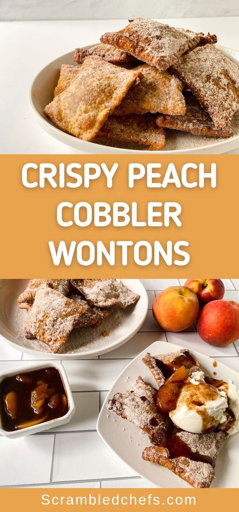 Satisfy your sweet tooth with our Peach Dessert Wontons recipe. Crispy wonton wrappers filled with peach filling just like cobbler! Wonton Wrapper Desserts, Won Ton Dessert Recipes, Dessert Wonton Recipes, Desert Wontons, Wonton Dessert Recipes, Wonton Wrapper Recipes Dessert, Peach Wontons, Recipes With Wonton Wrappers, Wonton Ideas