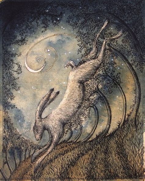 Jane Keay, Scythe Moon Goddess Magick, Moon Gazing Hares, Irish Mythology, Cottage Witch, Woodland Art, Fantasy Creature, Creature Artwork, Rabbit Art, Bunny Art