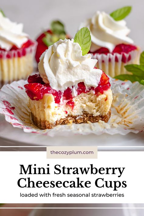 This mini strawberry cheesecake recipe is the perfect treat for strawberry season, made in a muffin pan with cupcake liners! This fresh strawberry dessert is made with graham cracker crumbs, topped with creamy cheesecake filling, and loaded with strawberry topping and fresh strawberries! Great for a special occasion, these mini cheesecakes are sure to be a hit and is an easy recipe to make! Strawberry Cheesecake Cups, Fresh Strawberry Desserts, Strawberry Cheesecake Cupcakes, Cheesecake Cupcakes Recipe, Mini Strawberry Cheesecake, Cheesecake Bars Easy, Fruit Desserts Easy, Strawberry Cheesecake Recipe, Mini Cheesecake Recipes