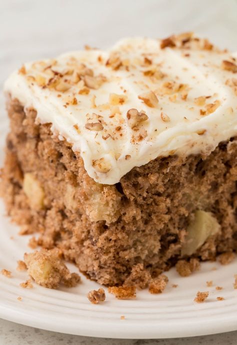 This moist and delicious Apple Spice Cake is filled with warm apple spices, chunks of fresh diced apples, and cream cheese frosting. Spice Cake Using White Box Cake, Spiced Apple Cake With Cream Cheese Frosting, 2 Ingredient Apple Spice Cake, Apple Walnut Spice Cake, Apple Spice Cake Using Box Cake And Pie Filling, Spice Cake Apple, Apple Spice Sheet Cake, Spice Cake Recipes With Raisins, Spice Cake Recipes Boxed Apple