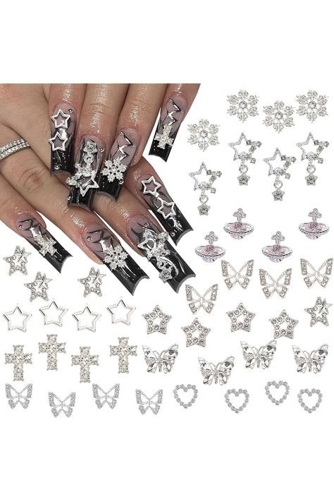 40PCS Star Nail Charms for Acrylic Nails - Silver Star Planet Cross Alloy Nail Art Decorations - Nail Stones Accessories for Manicure Craft DIY (STAR) Nail Stones, Stones Accessories, Y2k Nail, Snowflake Nail, Accessories Illustration, Diy Star, Nail Gems, Star Nail, Nails Silver