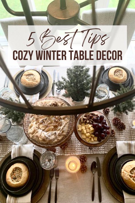 Looking for dinner party ideas that will make your table decor SUPER cozy this winter? Feel free to take a peek at our 5 favorite tips. #wintertabledecor #winterdecor #winterdecorideas #dinnerparty #dinnerpartyideas #tabledecor #tablescapes Winter Dining Room Table, Winter Tablescapes After Christmas, Winter Dining Room Table Decor, Winter Dining Room, Casual Dinner Table, Winter Table Decor, Winter Lunch, Winter Dinner Party, Dinner Party Table Settings