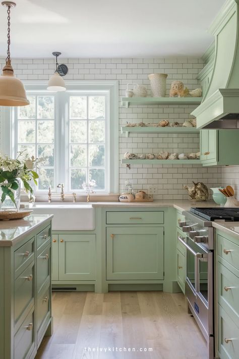 Green Kitchen Designs are taking the design world by storm, especially Sage Green Kitchens with their timeless appeal and soothing vibe. Dive into these 30 Gorgeous Green Kitchen Designs to find inspiration for your next home remodel. Save this pin now for ideas on how to incorporate eco-friendly elements and modern aesthetics into your kitchen space. Green And Pink Kitchens, Green Kitchen Stainless Steel, Seafoam Green Kitchen, Sage Green Kitchens, Ivy Kitchen, Light Green Kitchen, Green Kitchens, Green Kitchen Designs, Wooden Countertops