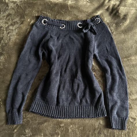 Dark coquette off-shoulder sweater. Black knit. Y2K... - Depop Knitted Sweaters Y2k, Y2k Grunge Sweater, Fitted Black Fairy Grunge Top, Off The Shoulder Sweater Grunge, Y2k Long Sleeve Knitted Sweater, Black Sweater Outfit, Y2k Fashion Outfit, Half Sweater, Thrifted Outfits