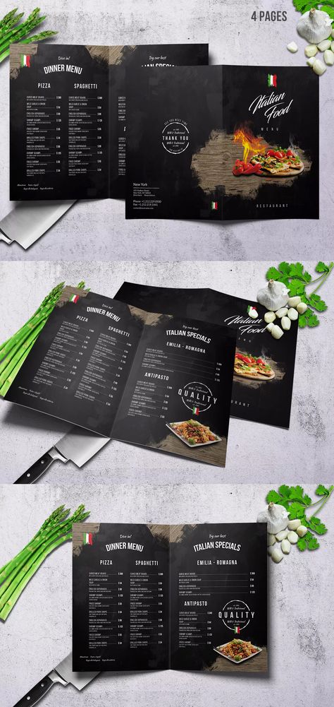 Italian Food Menu Template PSD - Bifold A4 and US Letter Size Italian Restaurant Menu Design, Food Menu Design Ideas, Italian Menu Design, Catering Menu Design, Pizza Menu Design, Italian Food Menu, Italian Food Restaurant, Menu Design Layout, Restaurant Brochures