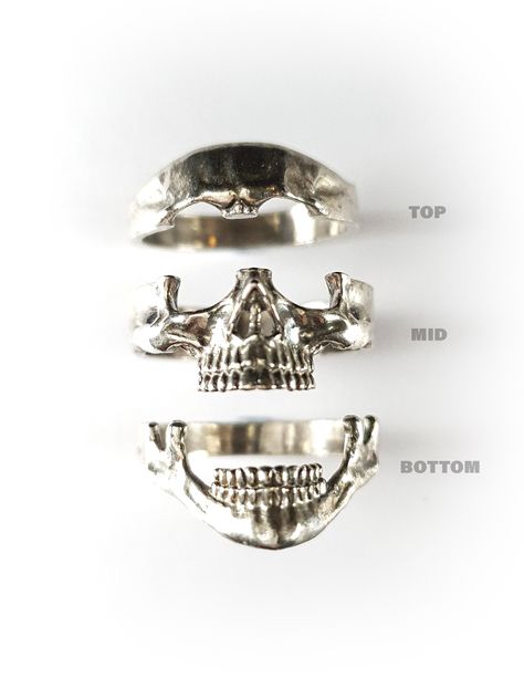 This 3 parts stackable Skull ring is designed for ease and comfort. Unisex, humble and versatile. You can purchase any of the 3 parts or together as a set of 3. It is an ideal ring to add on to your wedding band or other rings to add more characteristic to them. 1) Top - Forehead 2) Mid - Eyes 🔥👍 3) Bottom - Jaw 4) Top + Mid 5) Mid + Bottom 6) Top + Bottom 7) Top + Mid + Bottom Material: Sterling Silver with Antique Finishing 🔥 Popular among buyers. 👍 Recommended by Altejewellers. If you req Sterling Silver Skull Rings, Silver Skull Ring, Dope Jewelry, Funky Jewelry, Ring For Men, Jewelry Outfit, Skull Ring, Jewelry Inspo, Dream Jewelry