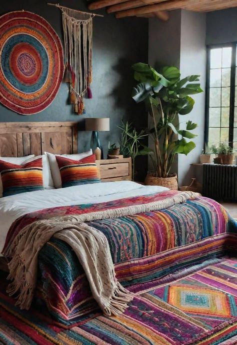 Colorful Bohemian Bedroom Decor, 60s Bedroom Decor, Modern Bohemian Bedroom, Bohemian Bedroom Design, Modern Boho Bedroom, Boho Bedroom Furniture, Comfortable Bedding, Boho Bedroom Design, Minimalistic Art