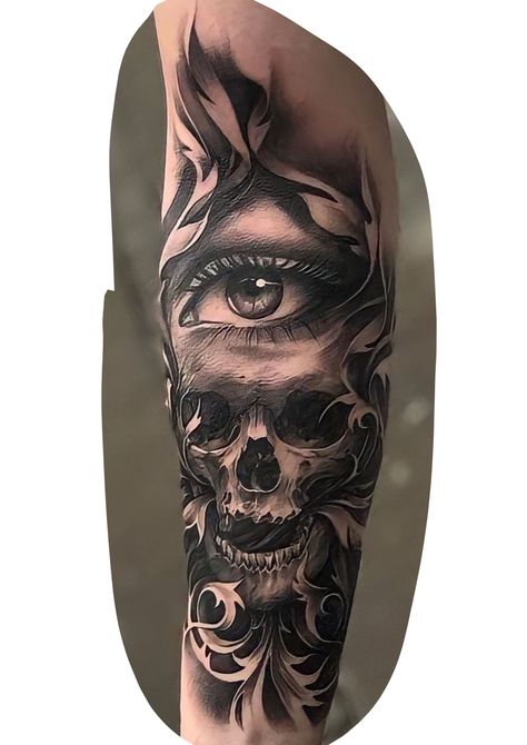 Skull And Eye Tattoo Design, Forearm Skull Tattoos For Guys, Forearm Coverup Tattoo, Eye Tattoo Leg, Day Of The Dead Tattoo Designs, Arm Cover Up Tattoos, Forearm Cover Up Tattoos, Memorial Tattoo Ideas, Dragon Head Tattoo