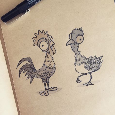 I feel like the bird from #moana must somehow be related to the one from #findingdory. #disney #pixar #sketch #inktober #illustration #drawing #chicken #birds #inktober2016 #heihei #becky #loon Moana Chicken Drawing, Heihei Drawing, Cartoon Chicken Drawing, Chicken Character Design, Simple Chicken Drawing, Chicken Sketches, Chicken Cartoons, Pixar Sketches, Draw Chicken