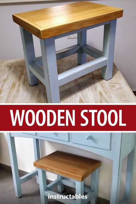 This simple wooden stool is a great beginner woodworking project. #Instructables #workshop #furniture #seating #woodshop Diy Wooden Stool Simple, Diy Small Stool Wood, Simple Stools Wood, Diy Wood Stool How To Build, Diy Wooden Stools Ideas, Diy Vanity Stool Ideas, Diy Wooden Stool, Diy Stools Wooden, Small Stools Wood