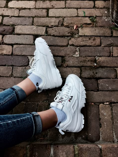 fila disruptor white #fila Tenis Air Max 90, Fila White Sneakers, Fila Outfit, Fila Disruptor, Tenis Vans, Ankle Sneakers, Fila Disruptors, Cute Sneakers, Comfortable Sneakers