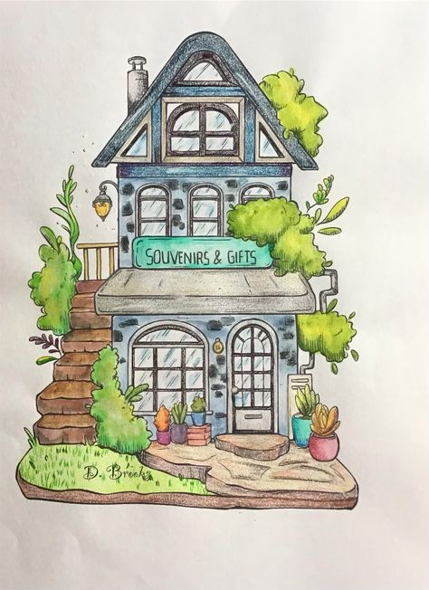 The Souvenir & Gift Shop from Reyda Prints - Etsy. Teacup House Drawing, Cafe Drawing Aesthetic, Book Shop Drawing, Jillee Arts, Market Drawing, Town Drawing, Village Drawing, Whimsical Art Journal, Bullet Journal Cover Ideas