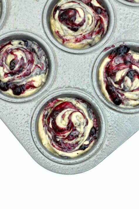 Blueberry Swirl Muffins Blueberry Preserves, Swirl Muffins, Muffin Baking, Swirled Bread, Fruit Preserves, Wild Blueberries, Blueberry Muffins, Baking With Kids, Muffin Cups