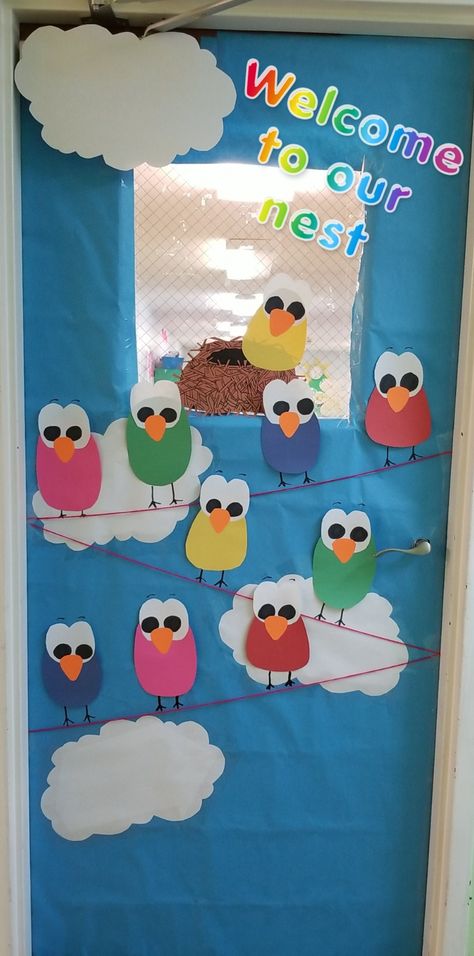 Welcome To Our Room Preschool, Welcome Door For Preschool, 2023 Classroom Door Ideas, Birds Classroom Decoration, Birds Decorations For Classroom, Bird Door Decorations Classroom, Door Themes For Preschool, Nursery Class Door Decoration Ideas, Bird Bulletin Board Ideas Preschool