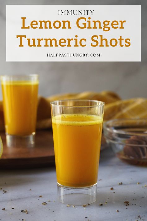 Lemon Ginger Turmeric Shots, Lemon Ginger Turmeric, Lemon Shots, Ginger Shot Recipe, Ginger Shots, Turmeric Drink, Turmeric Shots, Turmeric And Honey, Immune Boosting Foods