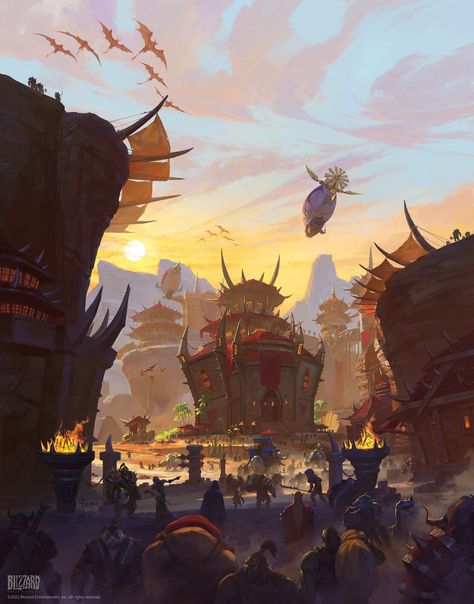 Cover for book: World of Warcraft: Exploring Azeroth - Kalimdor, Bayard Wu on ArtStation at https://www.artstation.com/artwork/eJmo6D Orc City, World Of Warcraft Wallpapers, Warcraft Tattoo, Blizzard Warcraft, Book World, Warcraft Art, Scene Art, Fantasy City, Wow Art