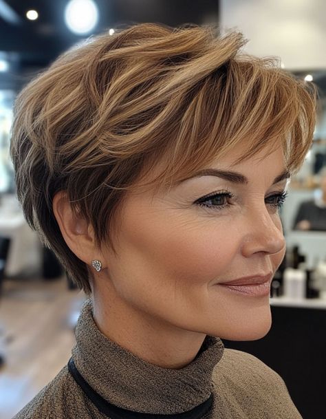 Highlights On Pixie Haircut, Soft Honey Blonde, Honey Blonde Pixie, Brunette Bob With Bangs, Haircut For Women Over 50, Pixie Haircut For Women, Pixie Hair Color, Platinum Blonde Pixie, Pixie Haircuts For Women