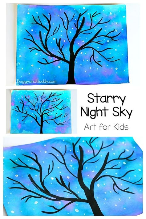 Winter Art Project for Kids: Make a starry night sky and winter tree scene with this beautiful art activity for children. #buggyandbuddy #winterartproject #wintercraft #artforkids #processart Classe D'art, Night Sky Art, Art Docent, Tree Scene, Art Project For Kids, Winter Art Projects, Winter Tree, Classroom Art, Project For Kids