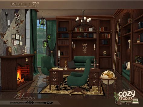 Slytherin Decor, Cozy Cabin Decor, Office Room Design, Floor Globe, Books Library, Sims 4 Cc Furniture, Elegant Office, Study Areas, Office Set