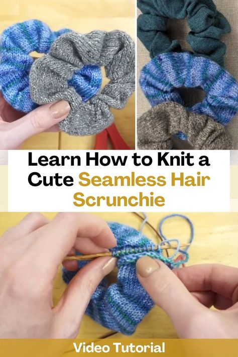 Learn how to make these beautiful seamless hair scrunchie with this amazing video tutorial. To make these seamless hair ties, you start with a temporary cast-on, then use a magic loop to weave directly over the hair elastic, and finally finish off with a kitchener stitch. The pattern to make this ponytail is free, and the creator of the video listed the video time of each of the main steps and also listed the materials she used. This seamless knit hair scrunchie would be a beautiful... Free Knit Scrunchie Pattern, Knitted Hair Scrunchies Free Pattern, Knit Hair Scrunchie, Knitted Hair Scrunchies, Knit Hair Tie, Knit Potholders, Knitted Scrunchies, Knit Scrunchie, Kitchener Stitch