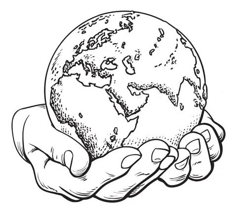 Hands Holding World Tattoo, World In The Palm Of Your Hand Tattoo, Vintage Earth Illustration, World In Hands Drawing, Land Logo Design Ideas, Holding Earth Drawing, Hands Holding The World, Earth Sketch, Globe Drawing