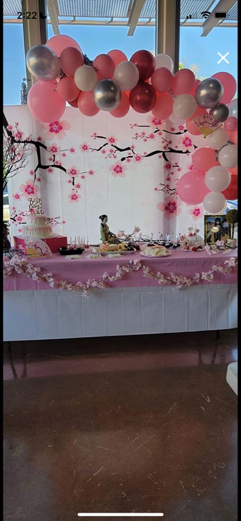 Nezuko Birthday Decoration, Japanese Party Food Ideas, Japanese Quinceanera Ideas, Japanese Cherry Blossom Themed Party, Mulan Themed Quinceanera, Sakura Birthday Theme, Mulan Themed Birthday Party, Mulan Party Ideas, Asian Party Decorations