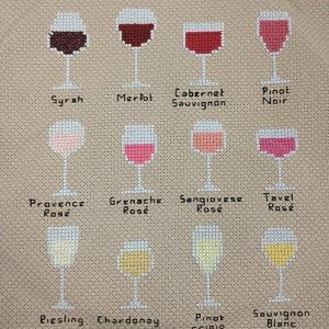 Cross Stitch Cup, Tiny Mushroom Cross Stitch, Alcohol Cross Stitch, Drink Cross Stitch, Wine Cross Stitch Pattern, Wine Cross Stitch, White Wines, Red Wines, Stitch Sampler