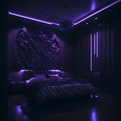 Dark Purple Room, Mafia House Aesthetic, Purple Themed Bedroom, Futuristic Bedroom, Beautiful Bed Designs, Castle Rooms, Bedroom Purple, Black Bedroom Design, Neon Bedroom