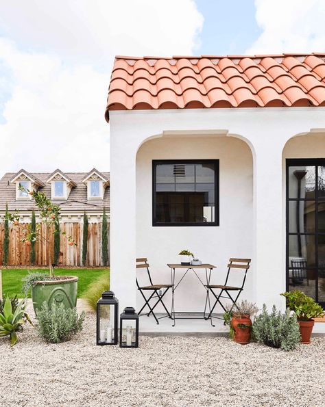 Spanish Style Flat Roof House, Small Spanish House, Teak Bench Outdoor, Emily Henderson, Patio Interior, Wrap Around Porch, Teak Outdoor, Iron Doors, Modern Traditional