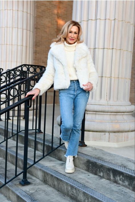 Crazy Blonde is wearing a faux fur jacket and sweater from Abercrombie with Loft jeans and Sam Edelman off-white combat boots - winter outfit, gift idea, faux fur, styling combat boots White Fluffy Jacket Outfit, White Fur Jacket Outfit, Jeans And Combat Boots Outfit, Styling Combat Boots, Fluffy Jacket Outfit, Faux Fur Jacket Outfit, Fur Jacket Outfit, White Fur Jacket, Jeans And Combat Boots