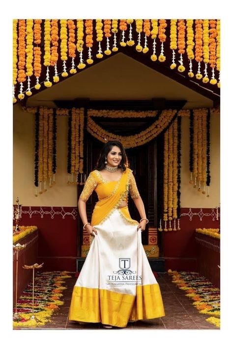 Haldi Poses, Half Sari, Saree Function, Onam Outfits, Haldi Dress, Lehenga And Blouse, Lehenga Saree Design, Half Saree Lehenga, Indian Outfits Lehenga