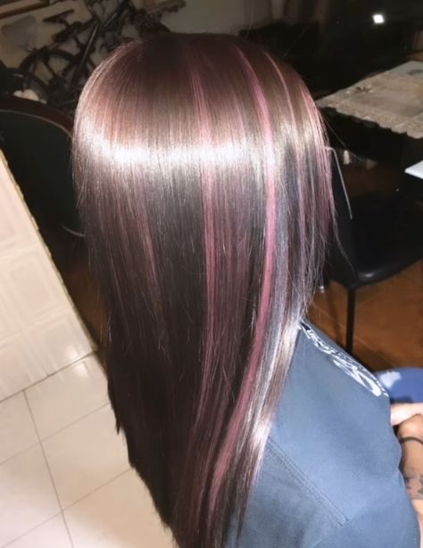 Brown Hair With Subtle Pink Highlights, Dark Pink Streaks In Black Hair, Stunk Strip Hairstyles Pink, Light Pink Hair Underneath, Dark Brown Pink Highlights, Dark Brown Hair With Hot Pink Highlights, Light Pink Streaks In Black Hair, How To Dye Highlights At Home, Pink Hair Subtle