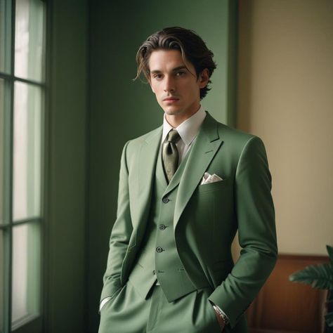 Elegant Suits Men, Green 3 Piece Suit, Trending Suits, 3 Piece Suit For Men, Korean Suit, Gentleman Suit, Suits Men Slim, Green Wedding Suit, Satin Suit