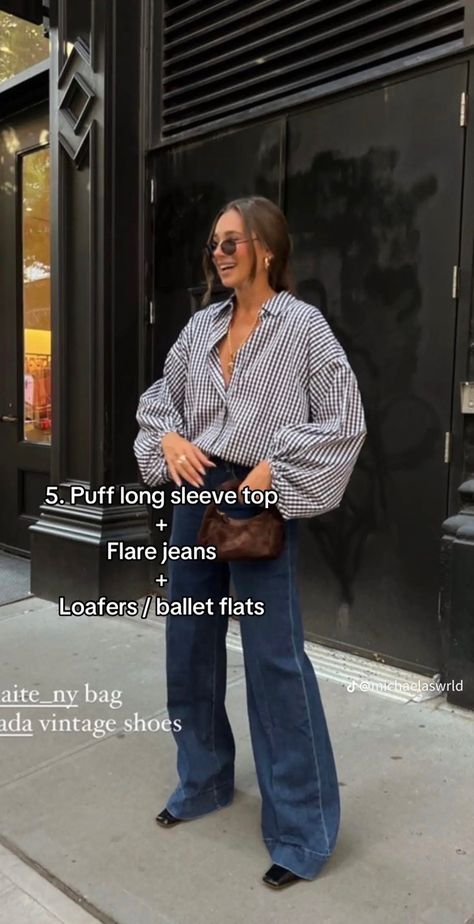 Jeans And Flats Outfit, Puff Long Sleeve Top, Jeans And Flats, Flats Outfit, Puff Long Sleeves, Autumn Outfits, Cargo Jeans, Winter Outfit, Fall Winter Outfits